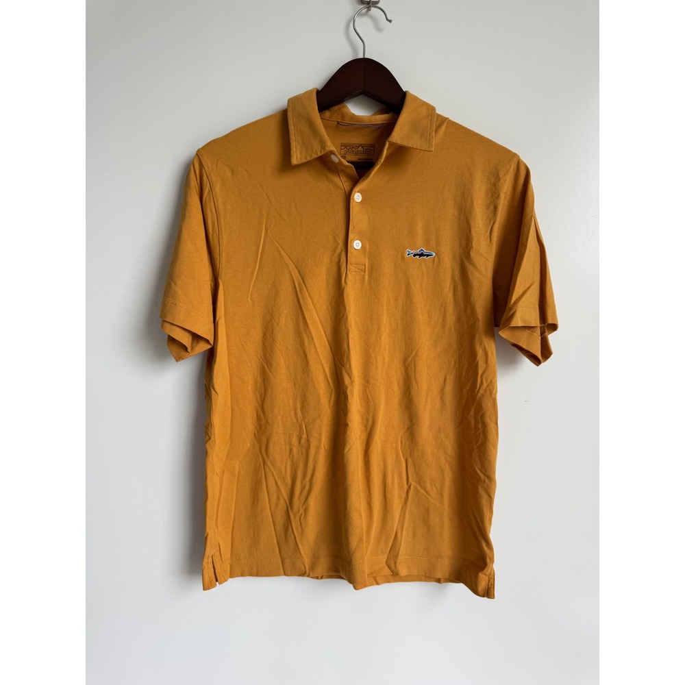 Patagonia Mens XS Mustard Yellow Organic Cotton Fish Logo Polo Shirt Gorpcore